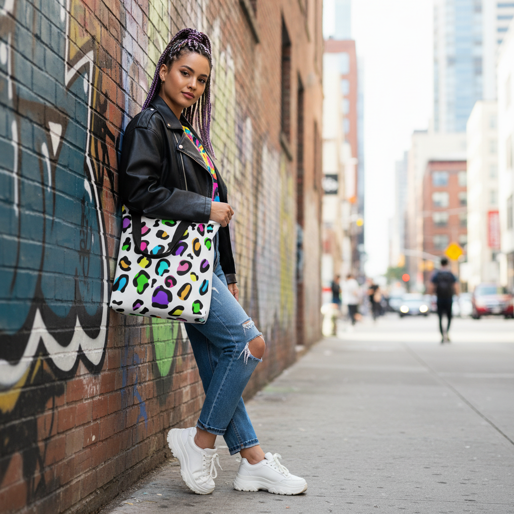 Chica con bolsa leopardo en muro