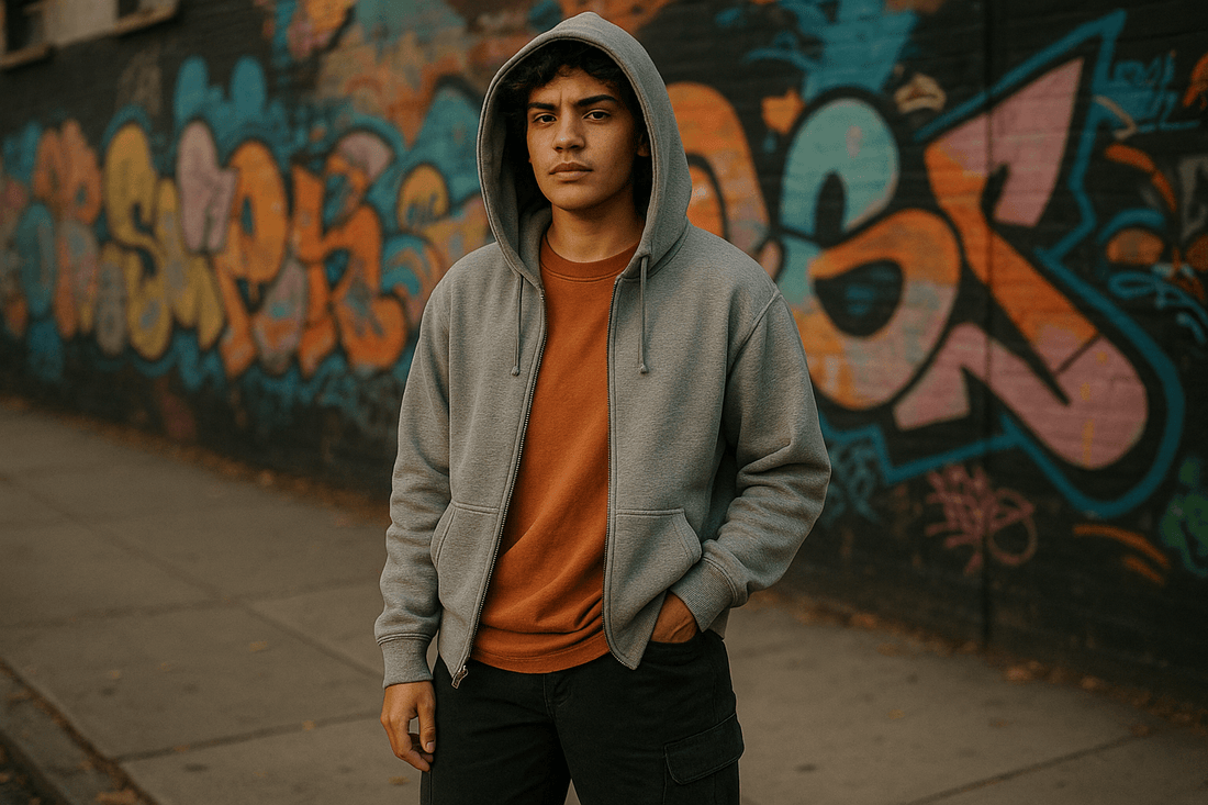 Mediados de septiembre: cuando el streetwear se pone serio. Joven con hoodie gris frente a un mural de graffiti.