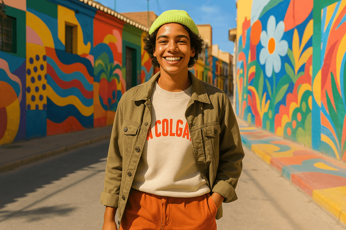 Último jueves de agosto: se acabó el juego, persona sonriendo frente a mural colorido en una calle.