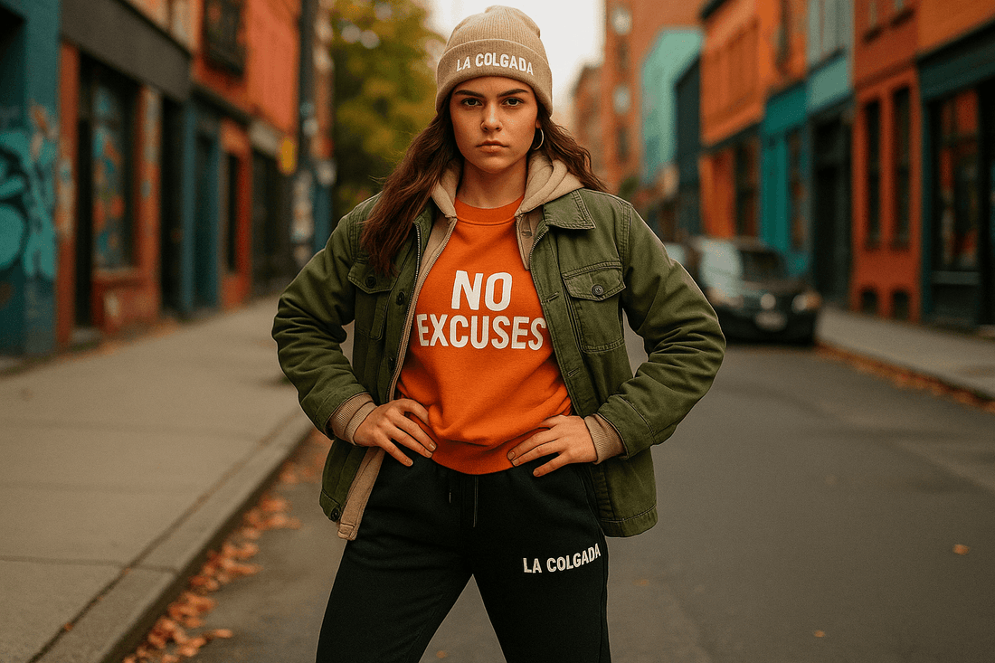 Imagen de una joven con chaqueta y sudadera naranja que dice 'NO EXCUSES' en la segunda semana de septiembre.