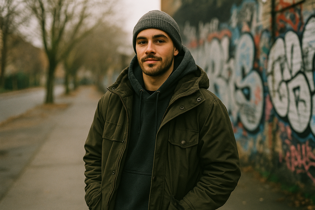 Noviembre a llegado: Bienvenido al invierno urbano de verdad con un joven en abrigo y gorro en una calle grafiteada.