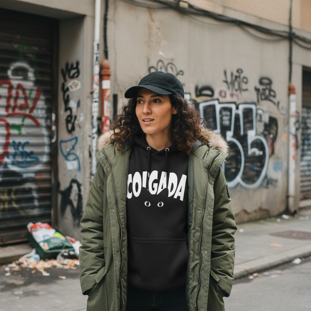 Mediados de noviembre: el momento de la verdad del invierno urbano. Persona joven con abrigo y gorra en calle urbana.