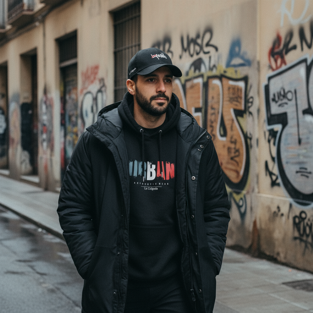 Hombre vestido con chaqueta negra y gorra en una calle urbana con graffiti, reflejando el último jueves de noviembre.