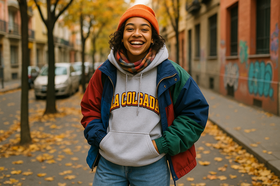 Mediados de octubre: cuando el streetwear se vuelve esencial en un look urbano con chaqueta y gorra.