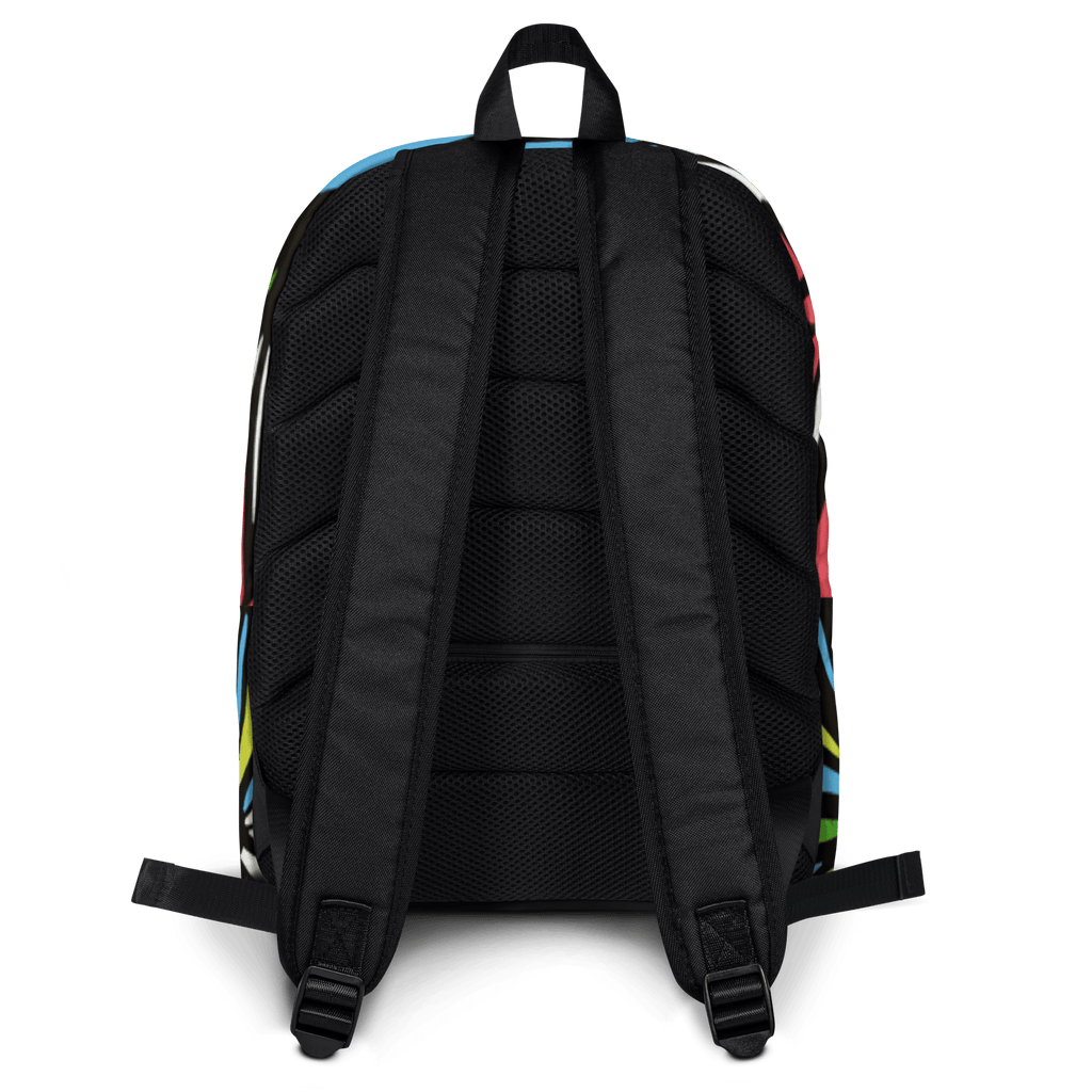 🔵 SELVA 🔵 - Mochila URBAN Unisex 🔵 vista trasera con correas negras y diseño colorido.