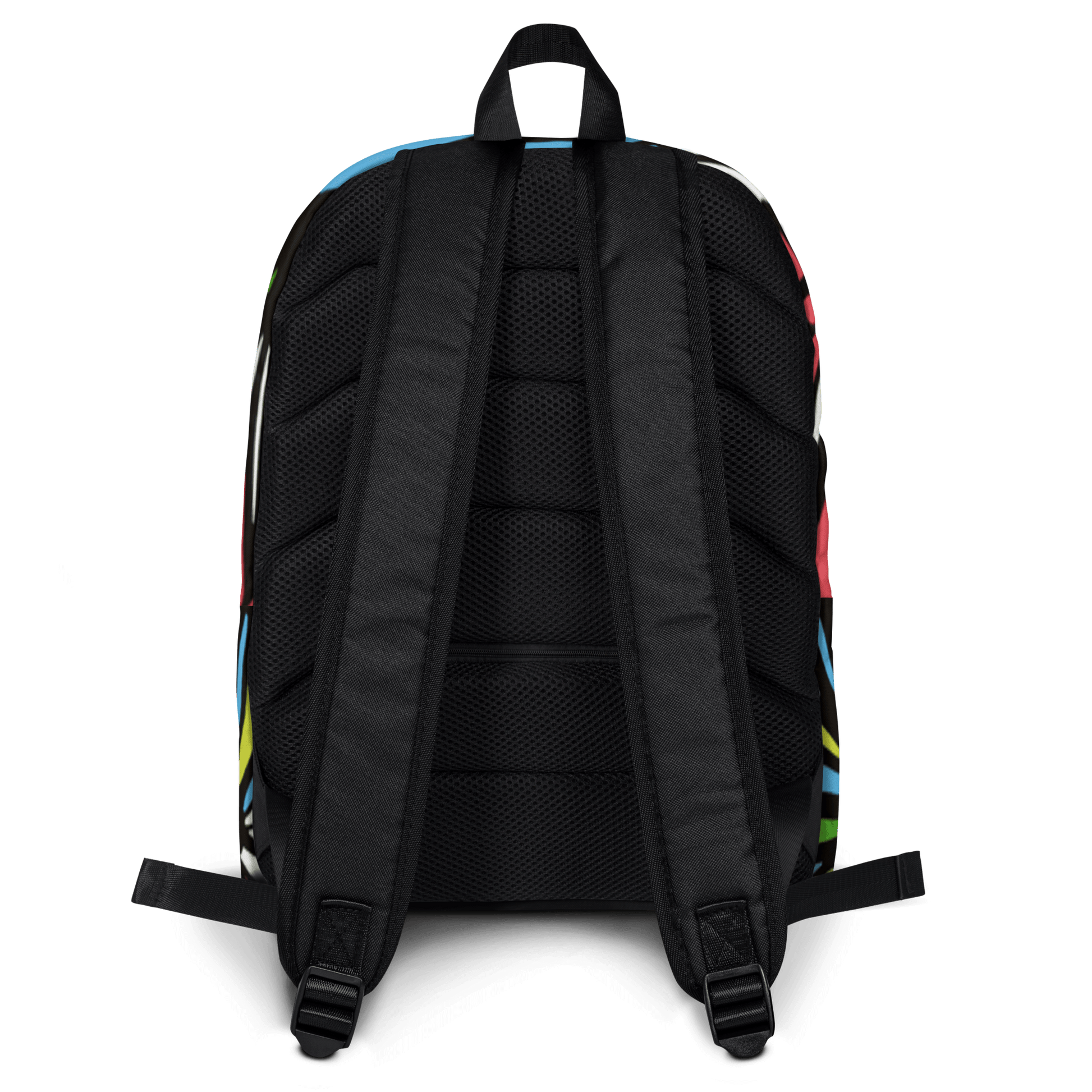 🔵 SELVA 🔵 - Mochila URBAN Unisex 🔵 vista trasera con correas negras y diseño colorido.