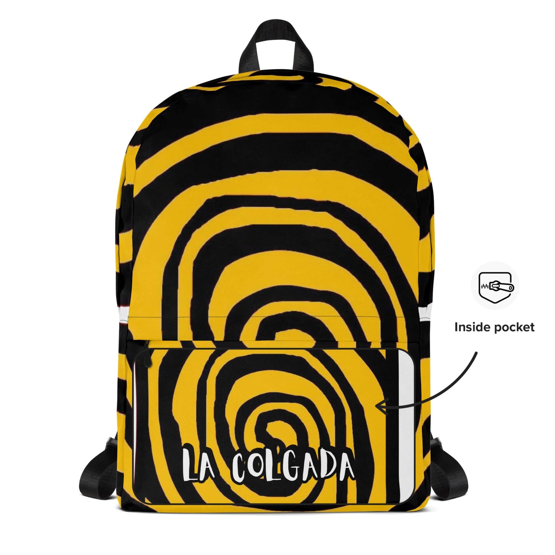 🔵 ESPIRAL MOSTAZA 🔵 - Mochila URBAN Unisex 🔵 con diseño de espiral en tonos mostaza y negro, detalle de bolsillo interior.