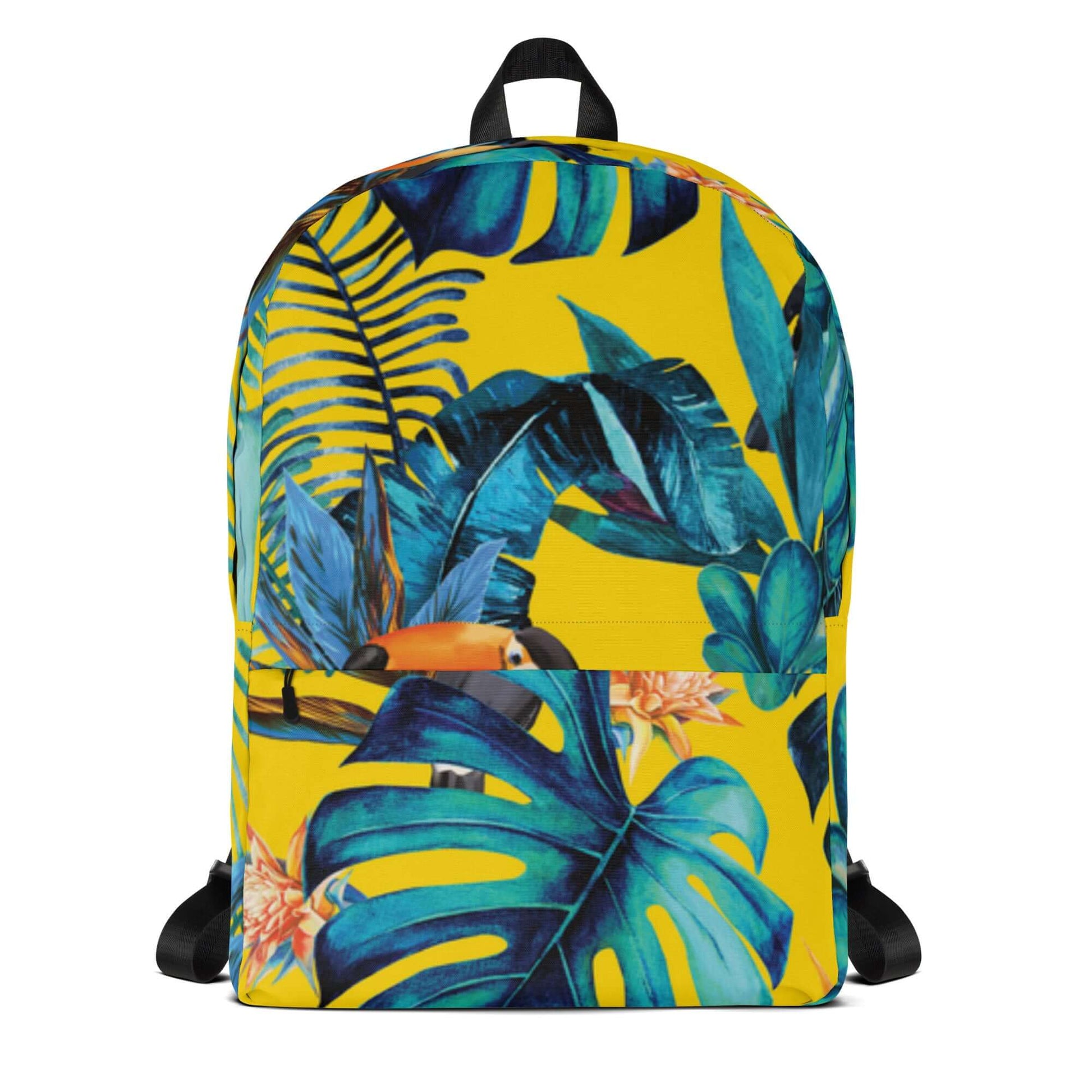 MOCHILA TUKAN URBAN UNISEX con diseño tropical colorido y estampado de hojas verdes. Ideal para un estilo streetwear.