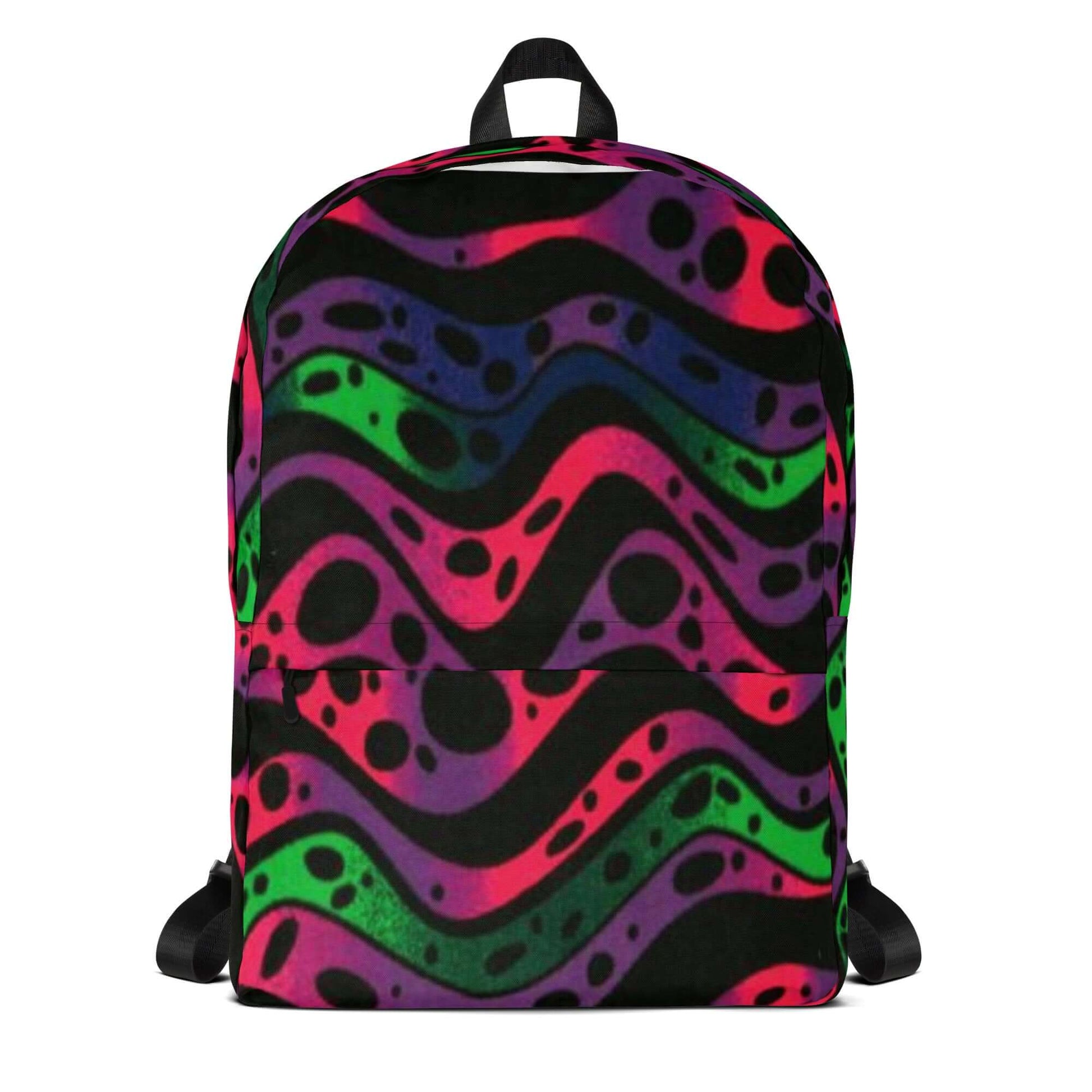 Mochila LUNARES Urban con diseño de patrones de colores vibrantes en fondo negro, ideal para estilo streetwear.