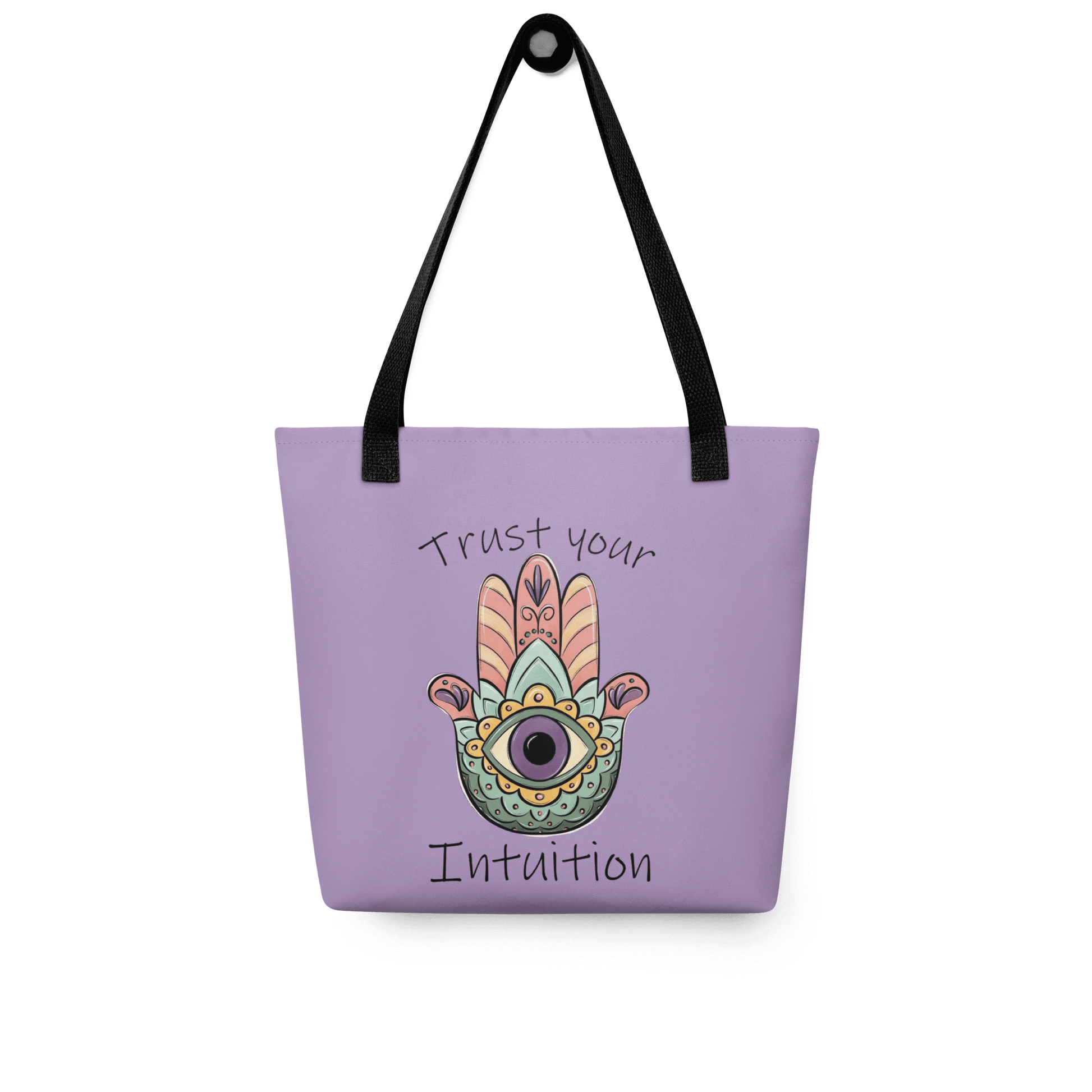 🔵 MANO FATIMA 🔵 - Bolsa De Tela URBAN Unisex 🔵 con diseño de mano y ojo, color púrpura, mensaje 'Trust your Intuition'.
