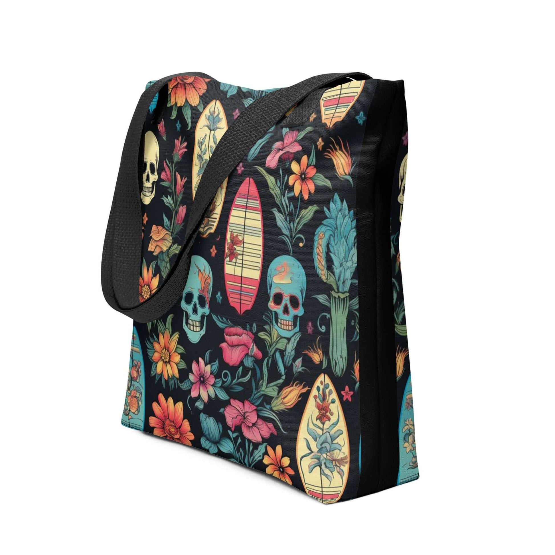 BOLSA SURF unisex de tela con diseño floral y calaveras, ideal para estilo urbano y streetwear.