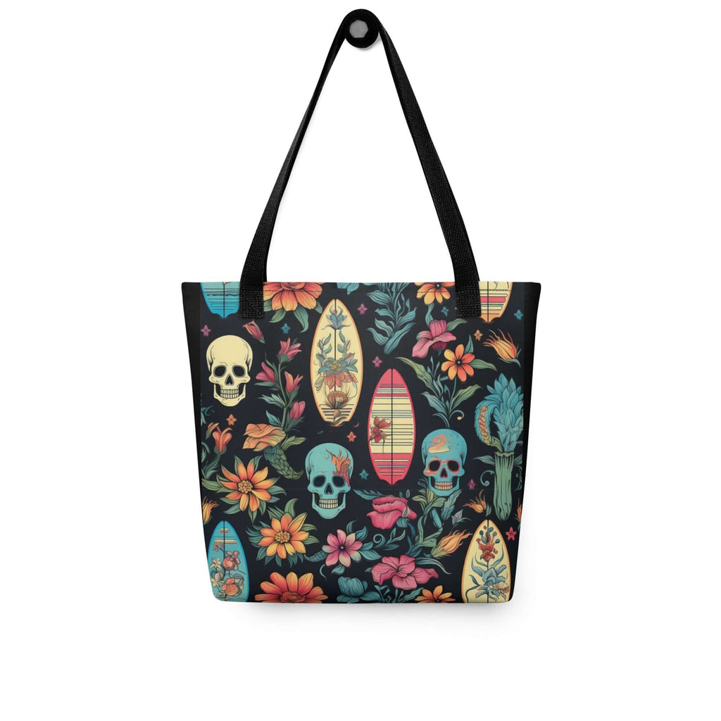 BOLSA de tela con diseño surf de calaveras y flores, ideal para un estilo urbano y moderno.