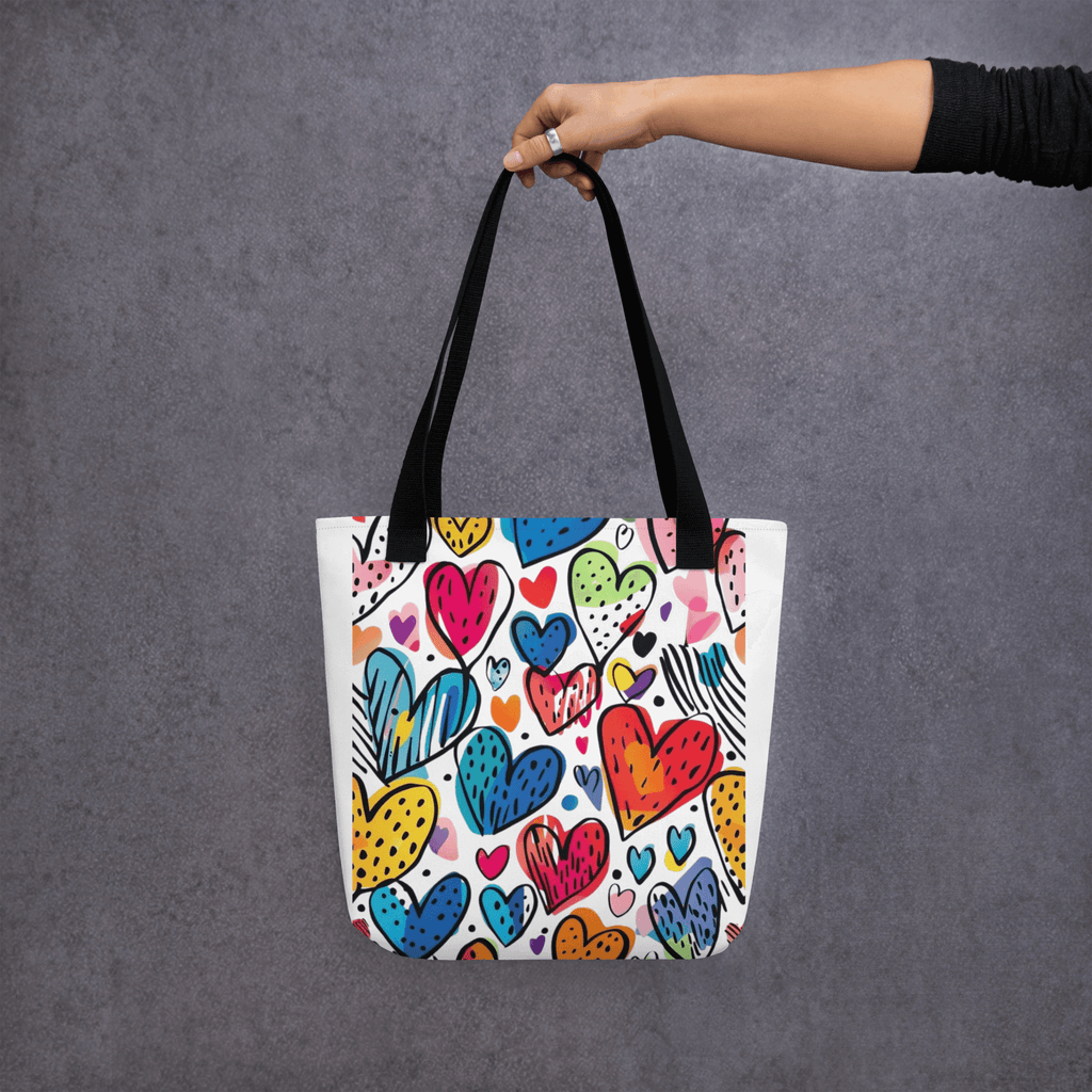 🔵 CORAZONES MULTICOLOR 🔵 - Bolsa De Tela URBAN Unisex 🔵 con diseño de corazones vibrantes en colores diversos.