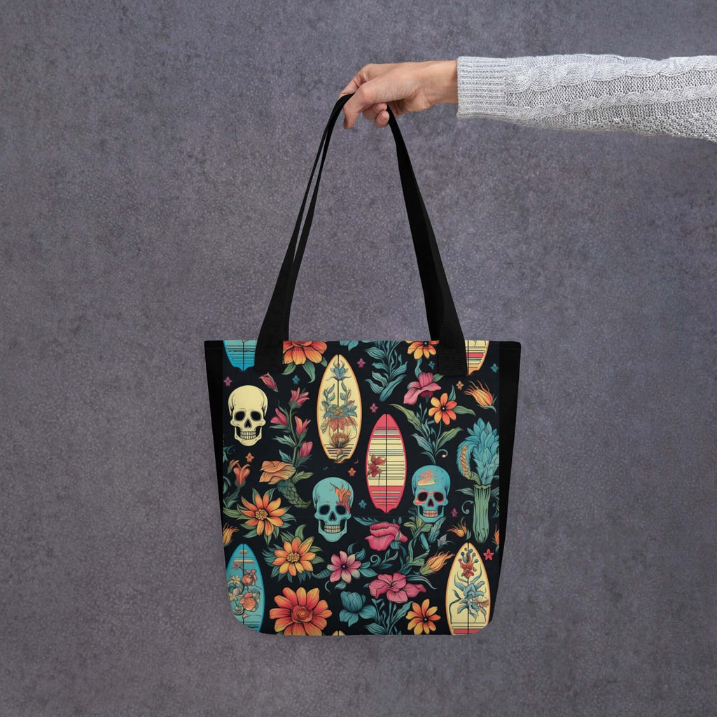 BOLSA de tela SURF URBAN con estampado vibrante de calaveras y flores, ideal para un estilo streetwear unisex.
