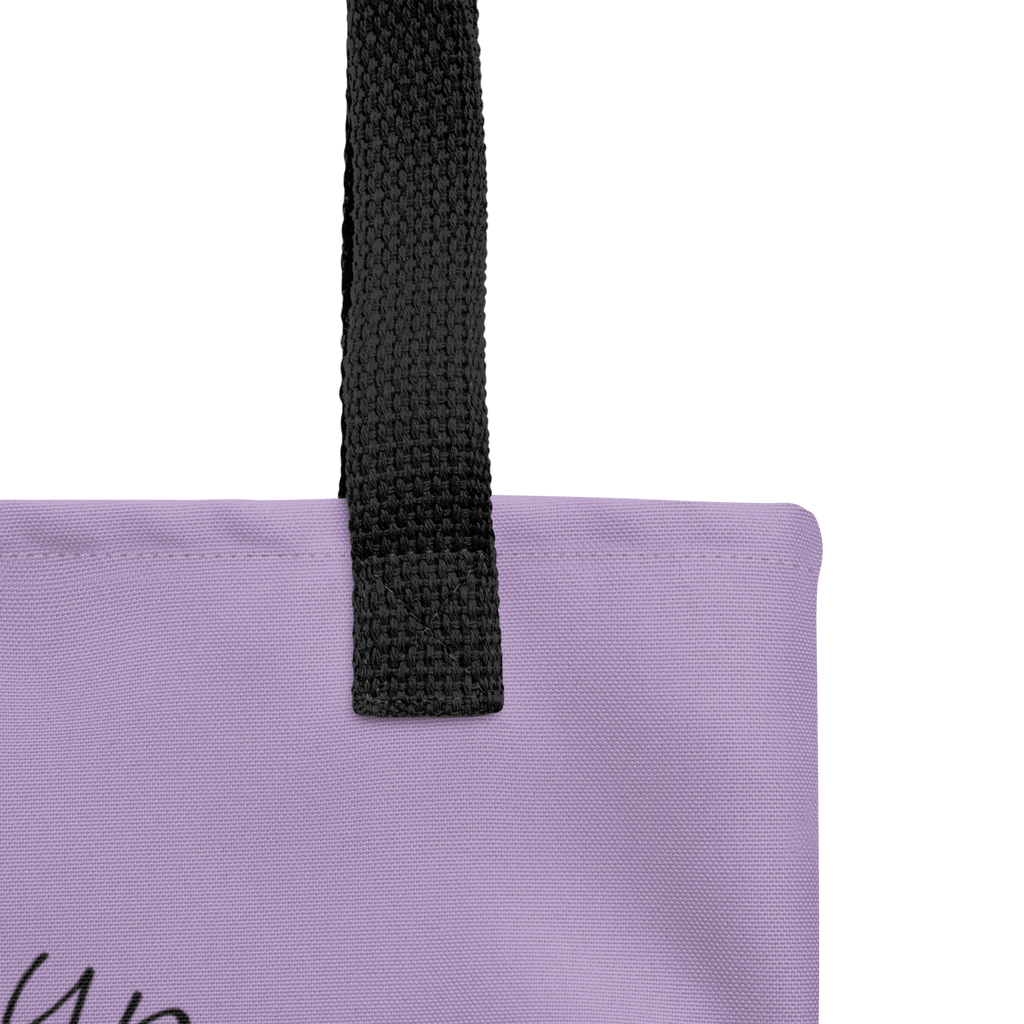 🔵 MANO FATIMA 🔵 - Bolsa De Tela URBAN Unisex 🔵, detalle de asa negra en bolsa de tela lilac.