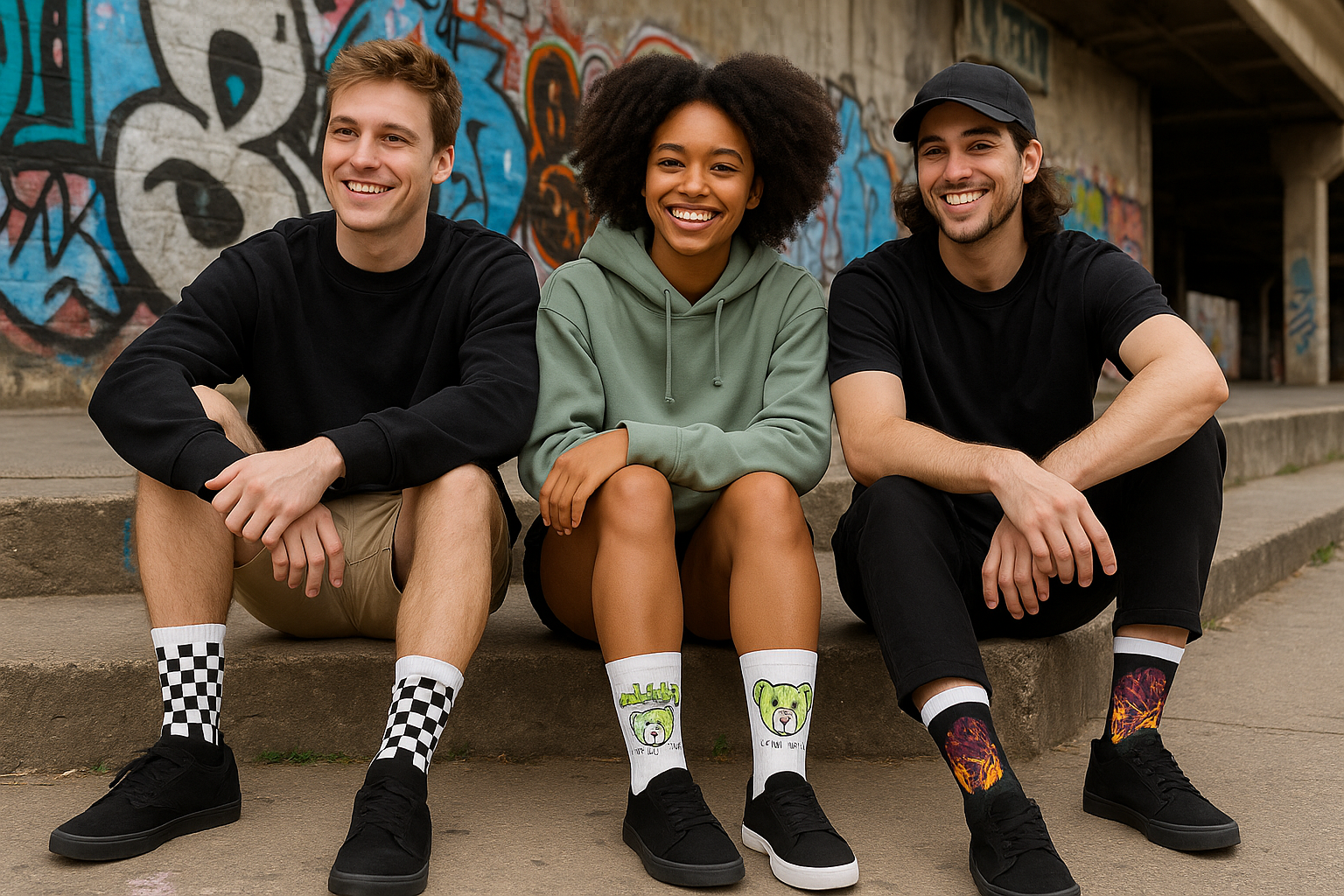 Complete urban socks photo with full heads visible