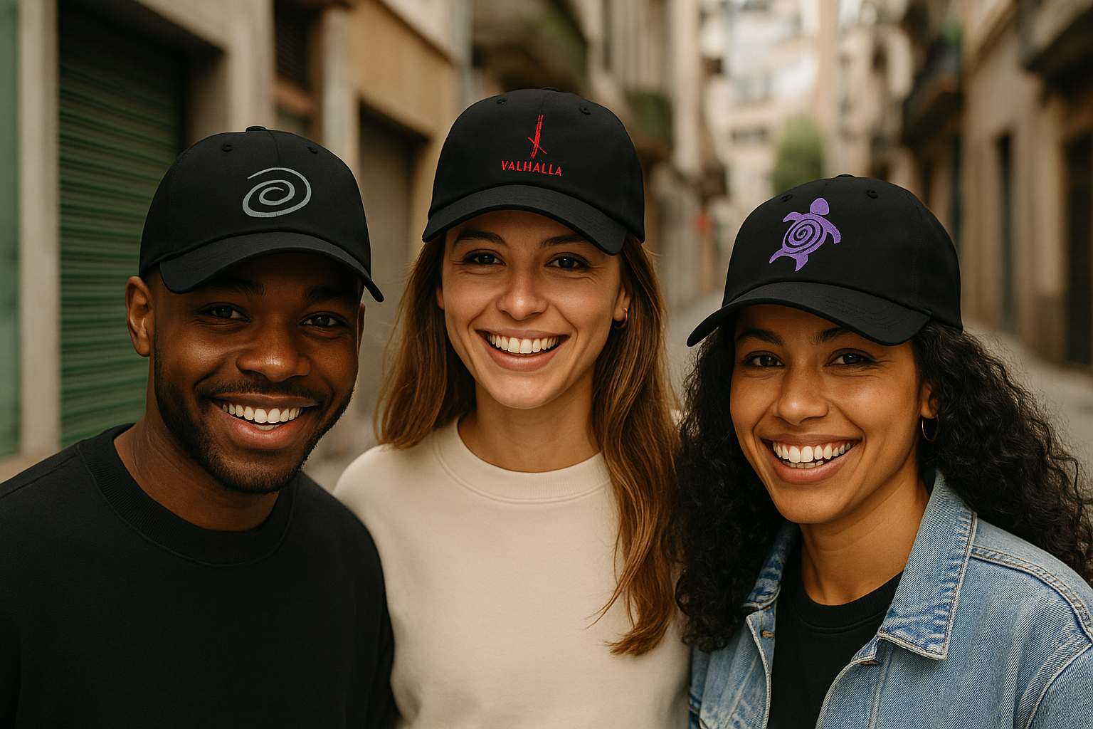 Lifestyle photo showing La Colgada caps with smiling people