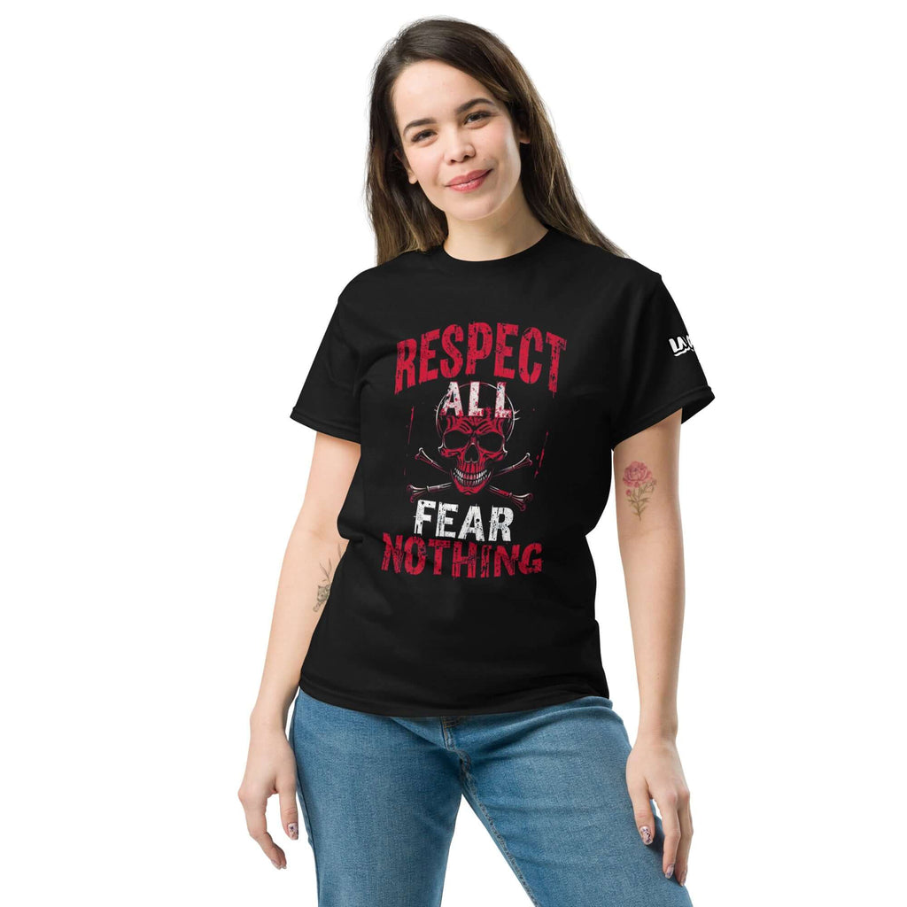 CAMISETA 🔵✊ RESPECT ✊🔵 - Camiseta Unisex 🎯 con diseño negro y gráfico de calavera, transmite actitud y estilo urbano.