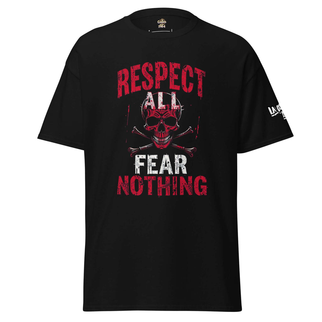 Camiseta negra con diseño que dice 'RESPECT ALL FEAR NOTHING' y calavera en el centro. CAMISETA 🔵✊ RESPECT ✊🔵 - Camiseta Unisex 🎯