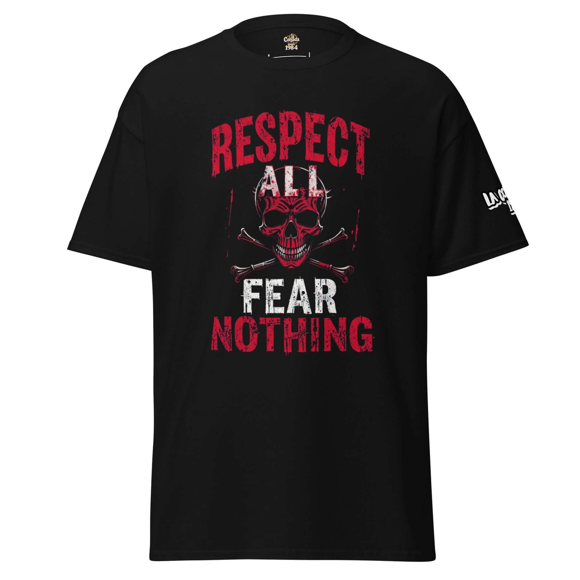 Camiseta negra con diseño que dice 'RESPECT ALL FEAR NOTHING' y calavera en el centro. CAMISETA 🔵✊ RESPECT ✊🔵 - Camiseta Unisex 🎯