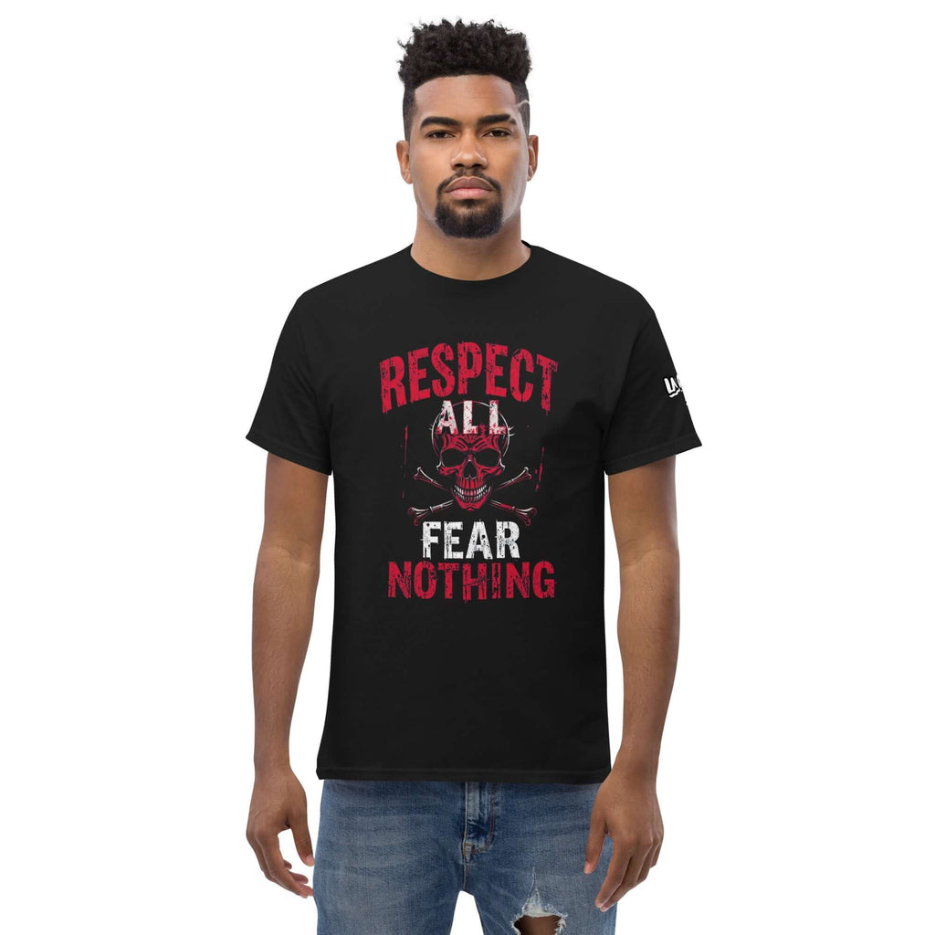 CAMISETA 🔵✊ RESPECT ✊🔵 - Camiseta Unisex 🎯 con diseño de calavera y mensaje 'Respect All Fear Nothing'
