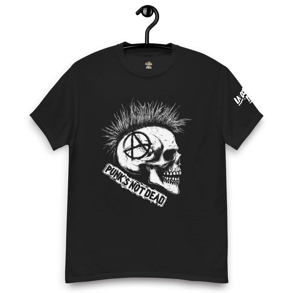 🔵🎸 PUNK 🎸🔵 - Camiseta Unisex 🎯 con diseño de calavera y mensaje PUNK'S NOT DEAD.