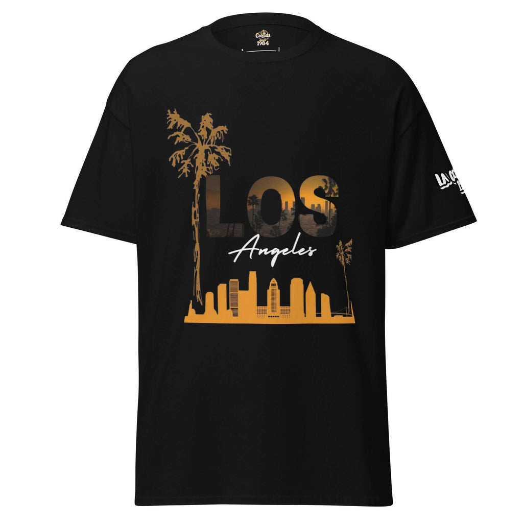 Camiseta negra unisex con diseño de LOS ANGELES y palmeras, estilo urbano californiano, CAMISETA.