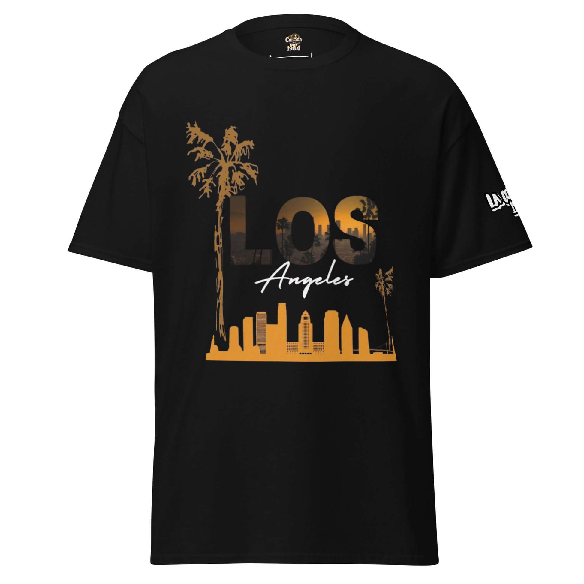 Camiseta negra unisex con diseño de LOS ANGELES y palmeras, estilo urbano californiano, CAMISETA.