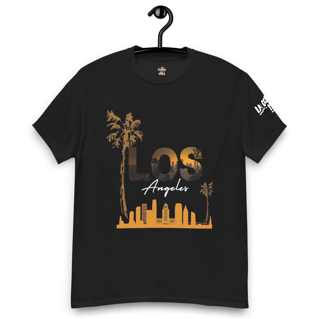 Camiseta unisex negra con diseño de LOS ANGELES, palmeras y skyline, estilo urbano.