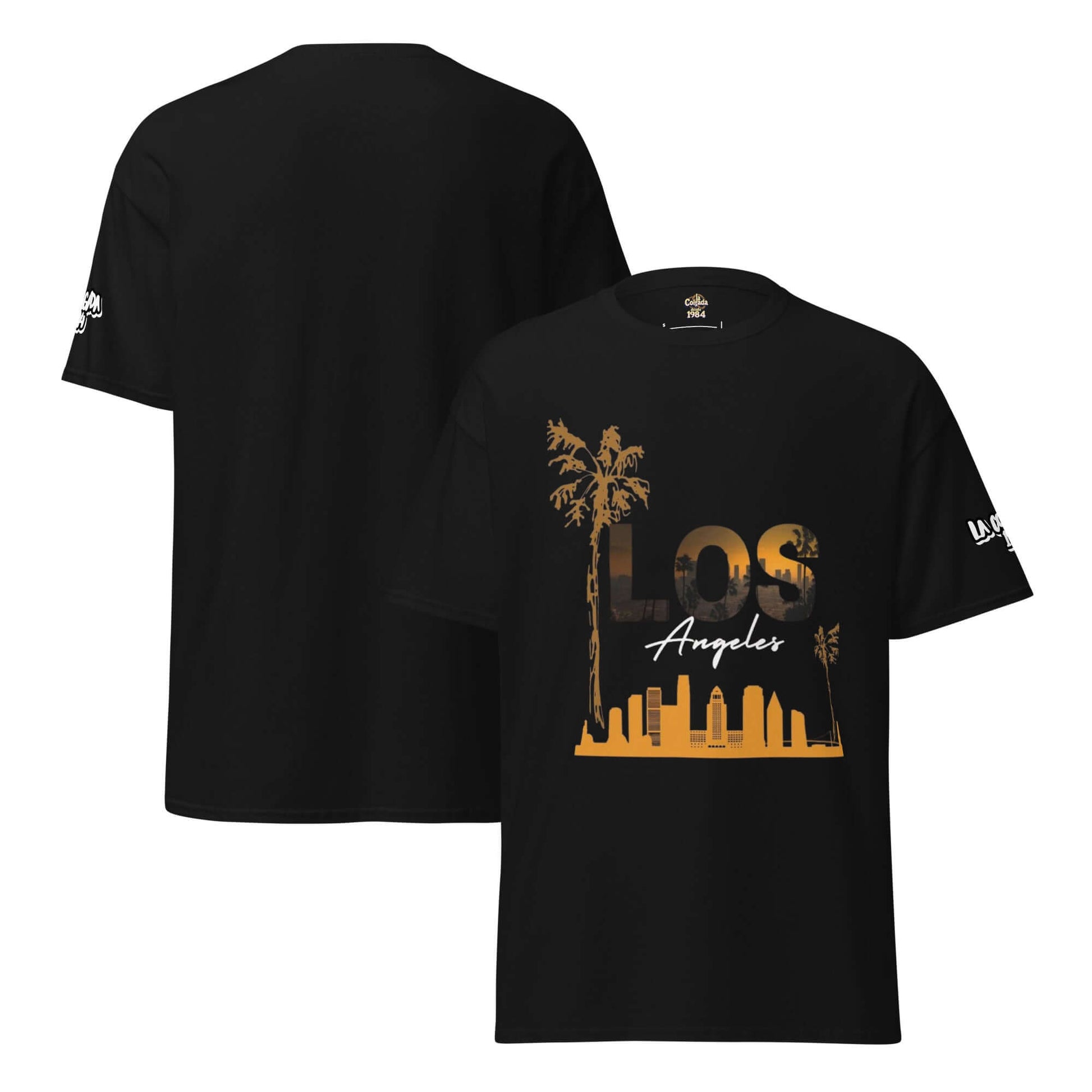 Camiseta unisex negra con diseño de Los Angeles, palmeras y silueta de ciudad, estilo urbano y moderno.