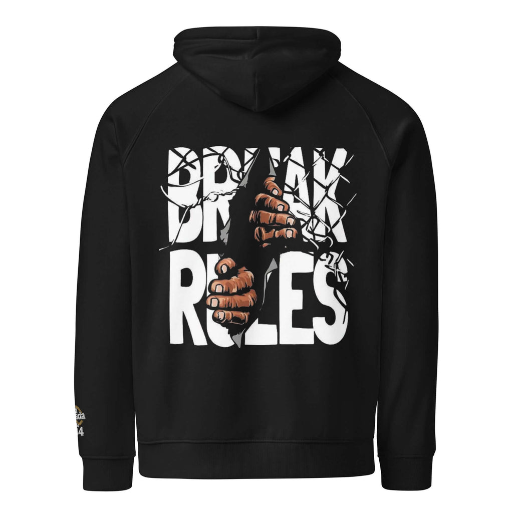 🔵🎭 SUDADERA ROLES - UNISEX 🎭, sudadera negra con diseño urbano y gráfico impactante en la parte posterior.