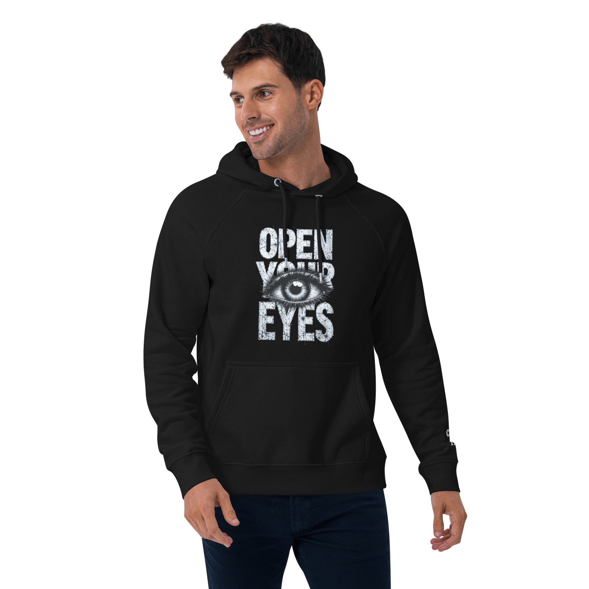 SUDADERA URBAN EYES - UNISEX ¡Todas las miradas en tu estilo! sudadera negra con diseño de ojo y frase 'Open Your Eyes'.