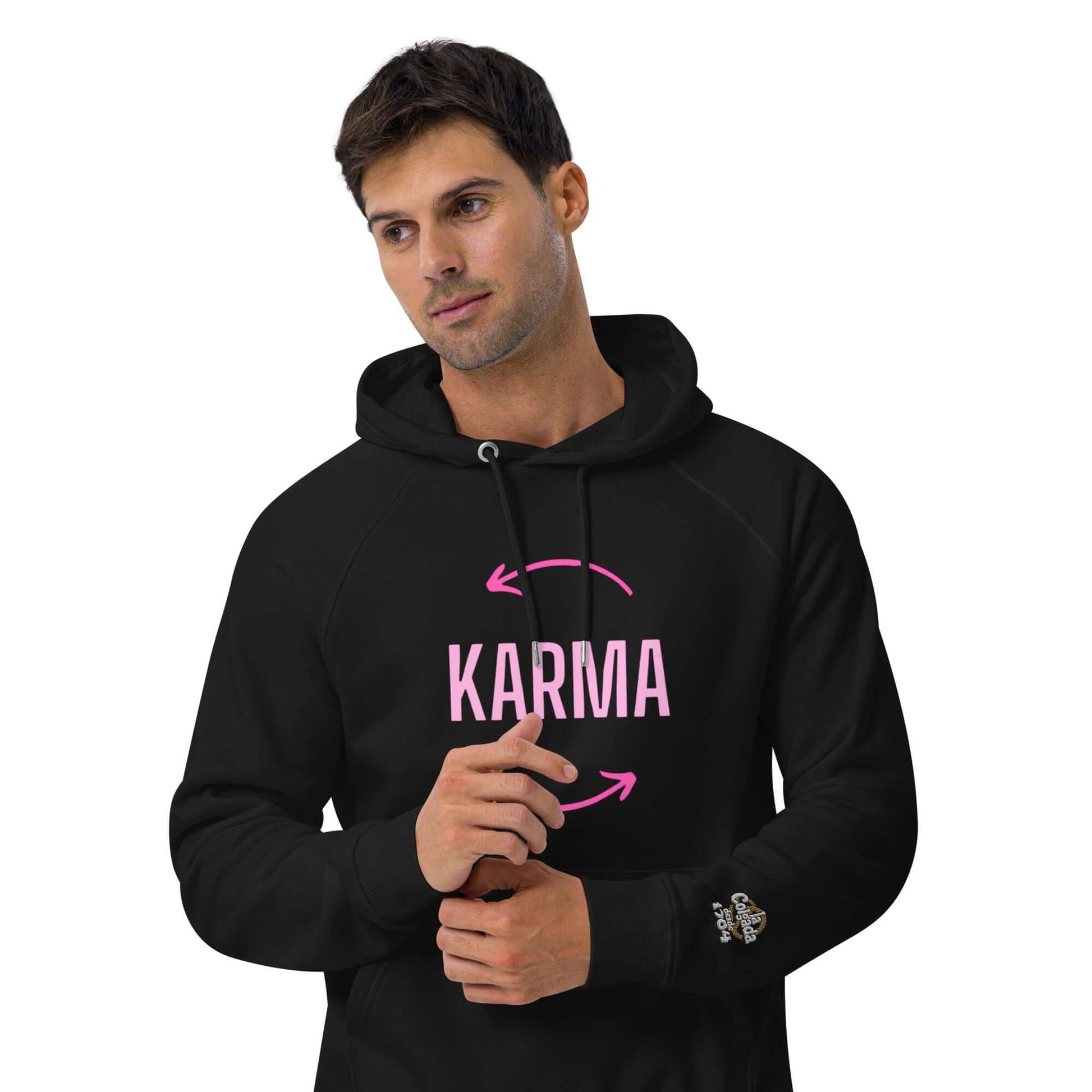 SUDADERA KARMA -UNISEX ¡Lo que das, vuelve!  fusiona el arte urbano en color negro con diseño KARMA.