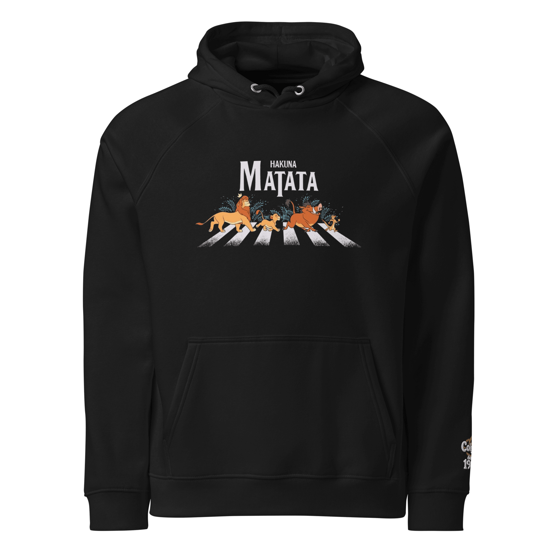 🔵🦁 HAKUNA MATATA - SUDADERA UNISEX 🌅🔵 en color negro con diseño urbano y personajes divertidos.