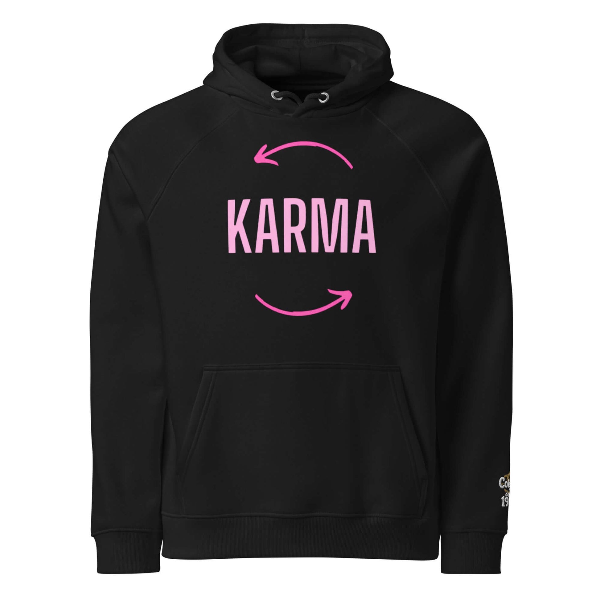 SUDADERA KARMA -UNISEX ¡Lo que das, vuelve!  fusiona el arte urbano, sudadera negra con diseño KARMA en rosa.