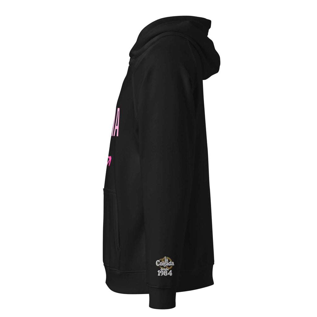 SUDADERA KARMA -UNISEX ¡Lo que das, vuelve!  fusiona el arte urbano, vista lateral en color negro.