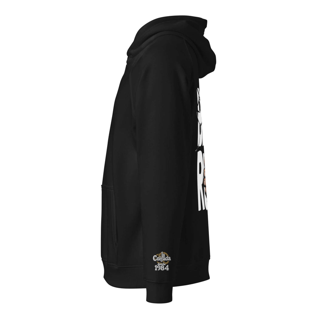 🔵🎭 SUDADERA ROLES - UNISEX 🎭 lateral vista de sudadera negra con diseño exclusivo ROLES.