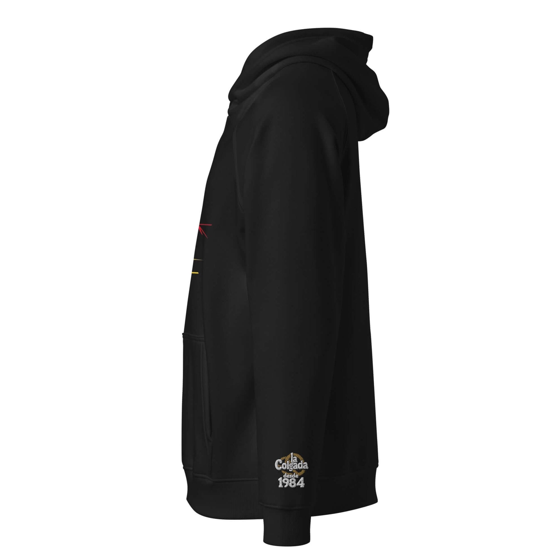 Sudadera FLASH con capucha unisex negra vista lateral, diseñada para estilo y comodidad.