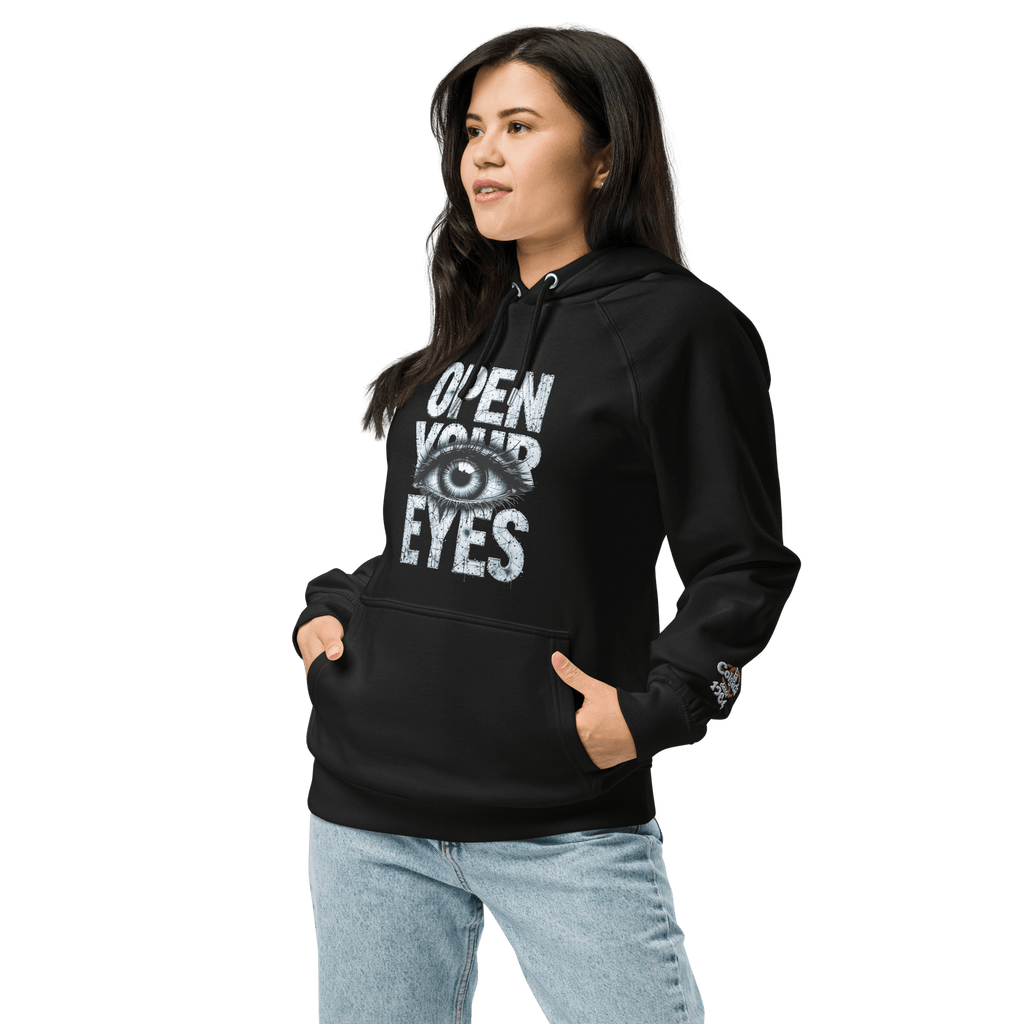 SUDADERA URBAN EYES - UNISEX ¡Todas las miradas en tu estilo! Mujer luciendo sudadera negra con diseño EYES.