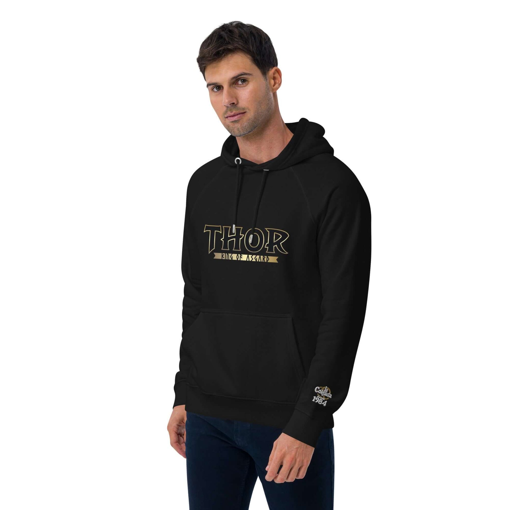Sudadera con capucha unisex SUDADERA THOR en color negro, mostrando su diseño estilizado y moderno.