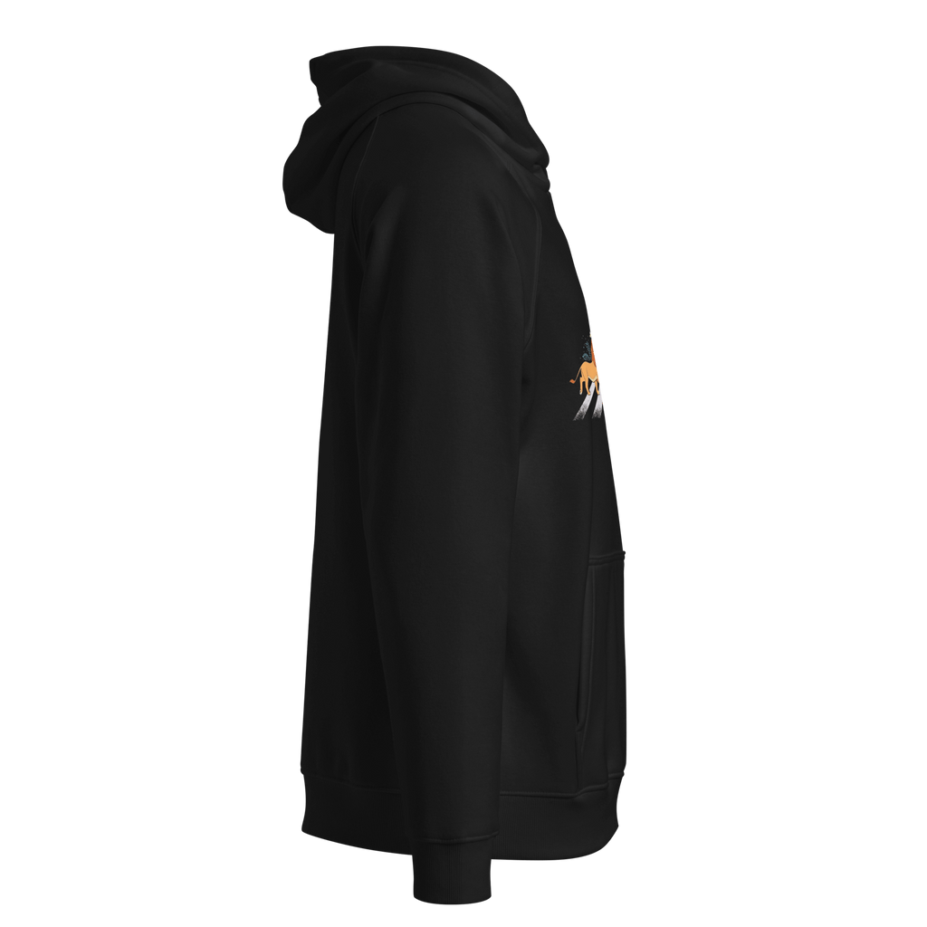 🔵🦁 HAKUNA MATATA - SUDADERA UNISEX 🌅🔵 vista lateral de sudadera negra con diseño exclusivo.