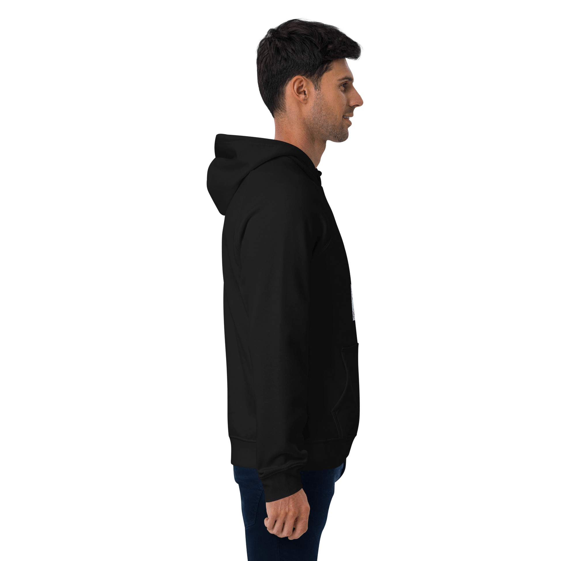 SUDADERA URBAN EYES - UNISEX ¡Todas las miradas en tu estilo! modelo de perfil con diseño único en color negro.