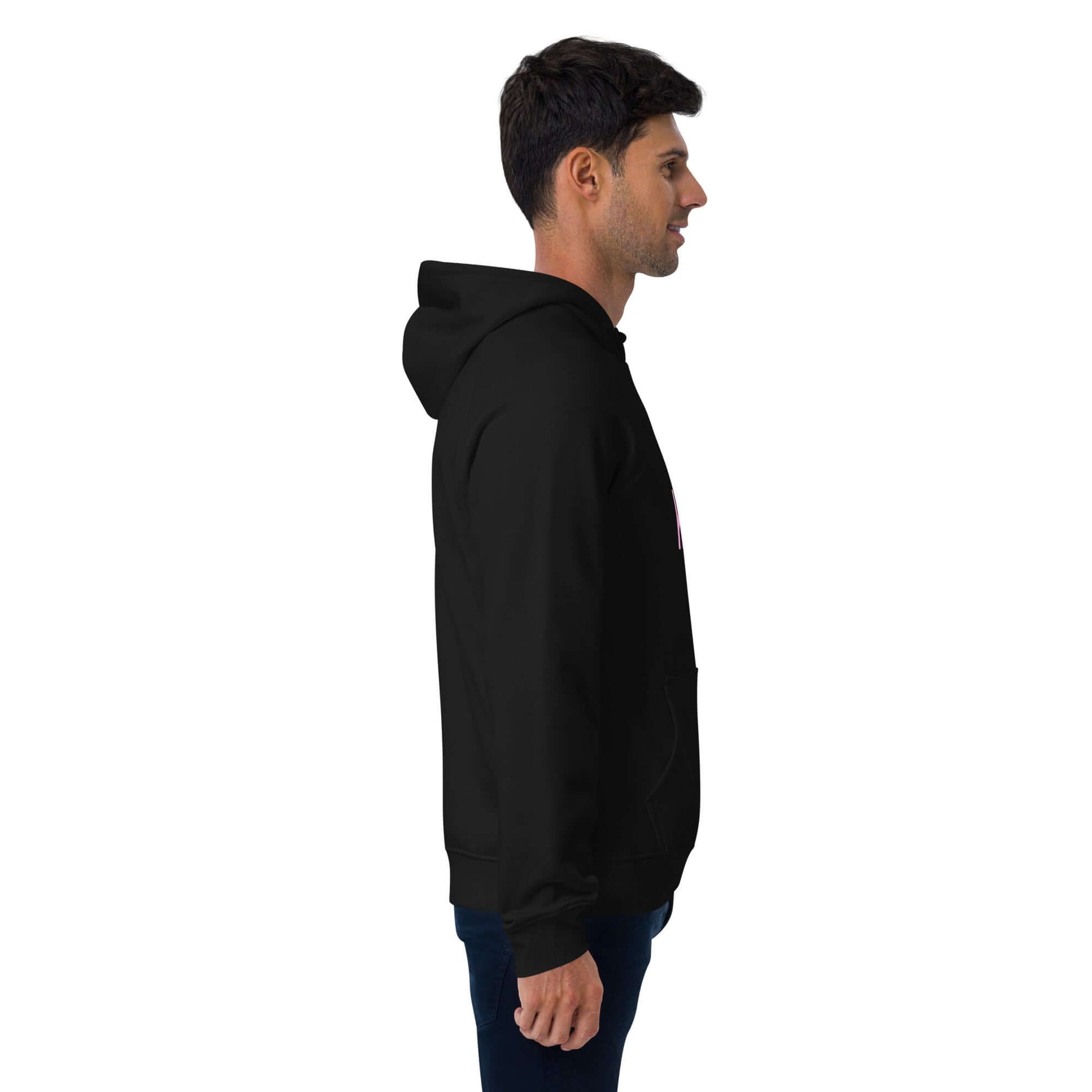 SUDADERA KARMA -UNISEX ¡Lo que das, vuelve!  fusiona el arte urbano en color negro, vista lateral de un hombre.