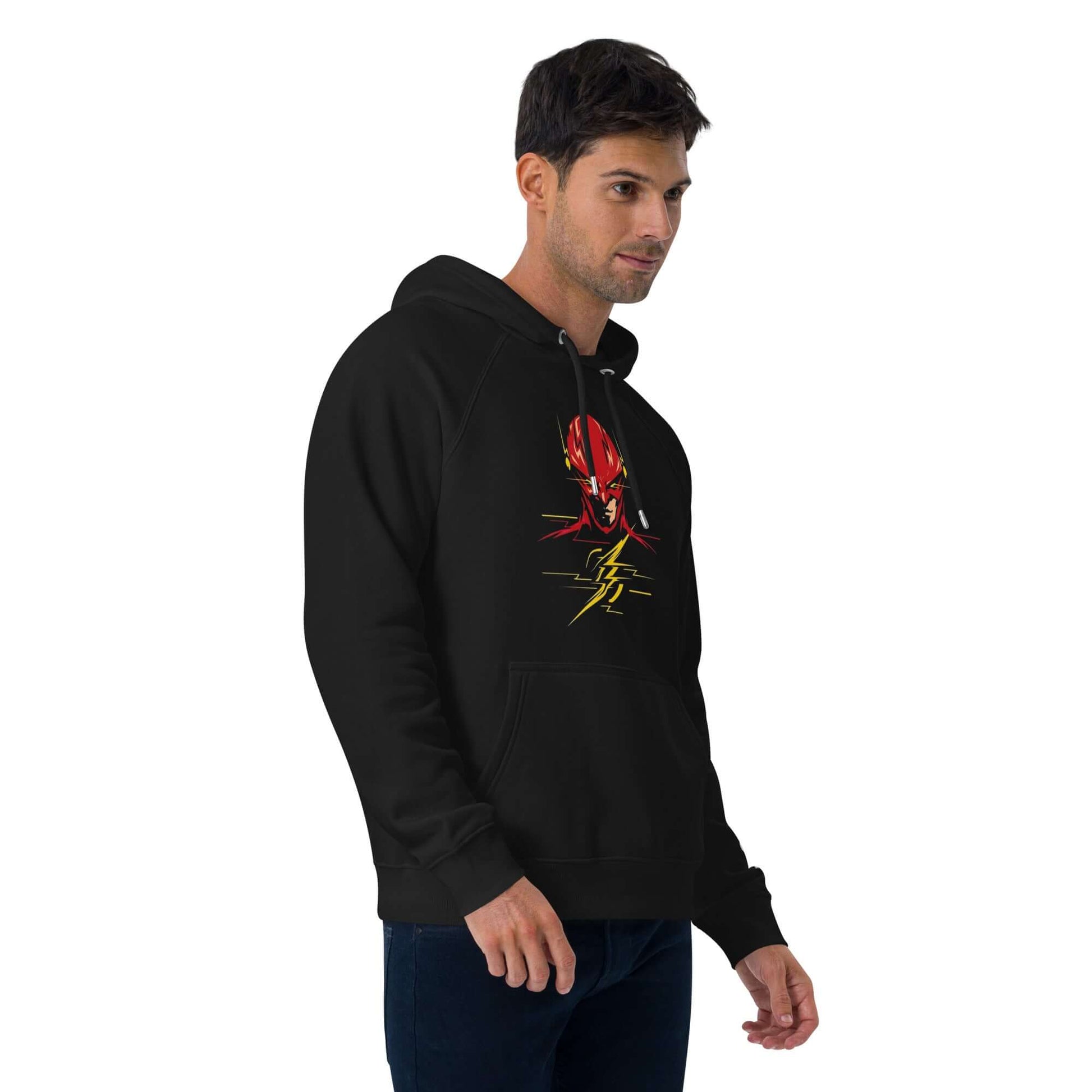 SUDADERA con capucha unisex en color negro con diseño de héroe Flash en el pecho.