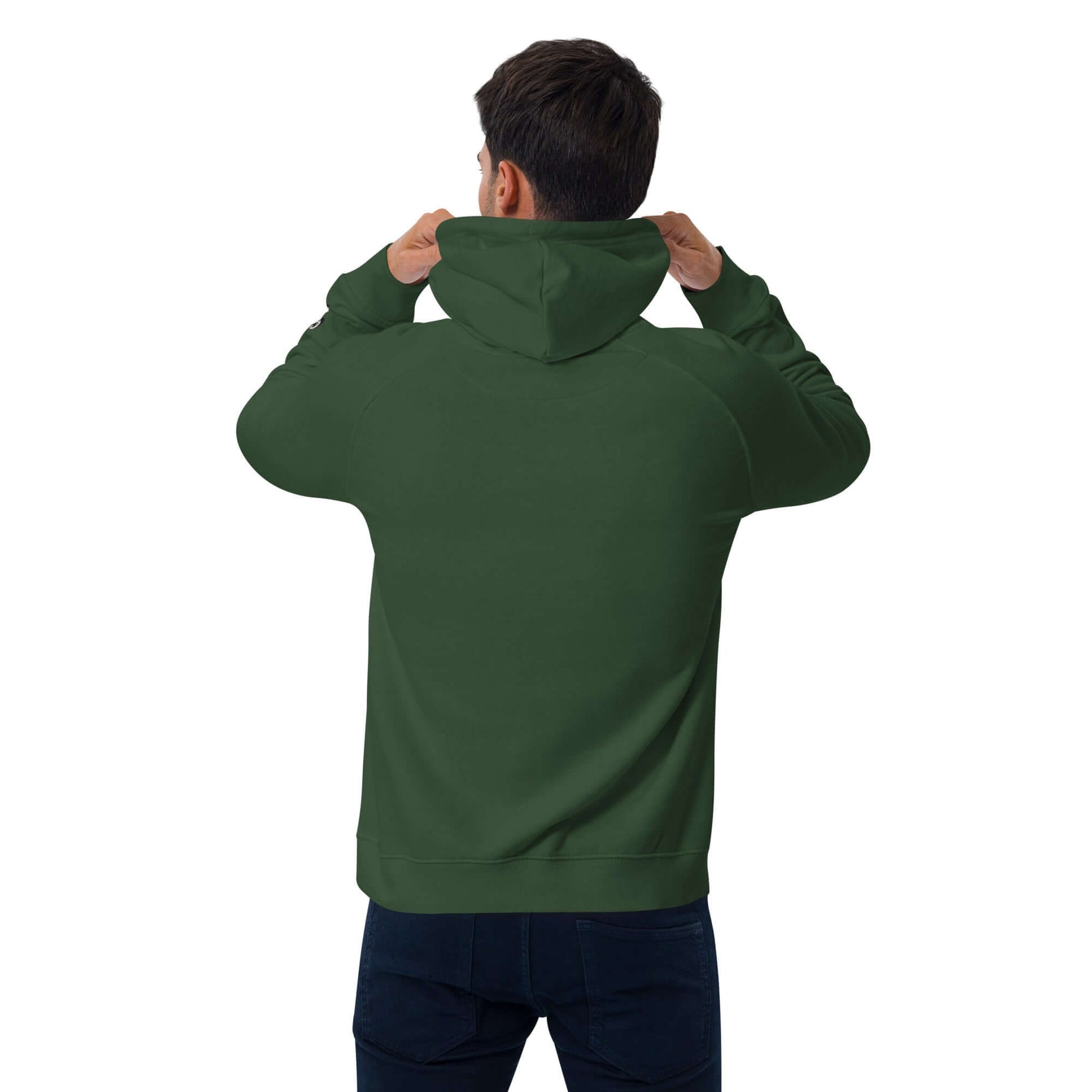 Hombre de espaldas vistiendo una sudadera con capucha unisex en color verde, ideal para estilo y comodidad.