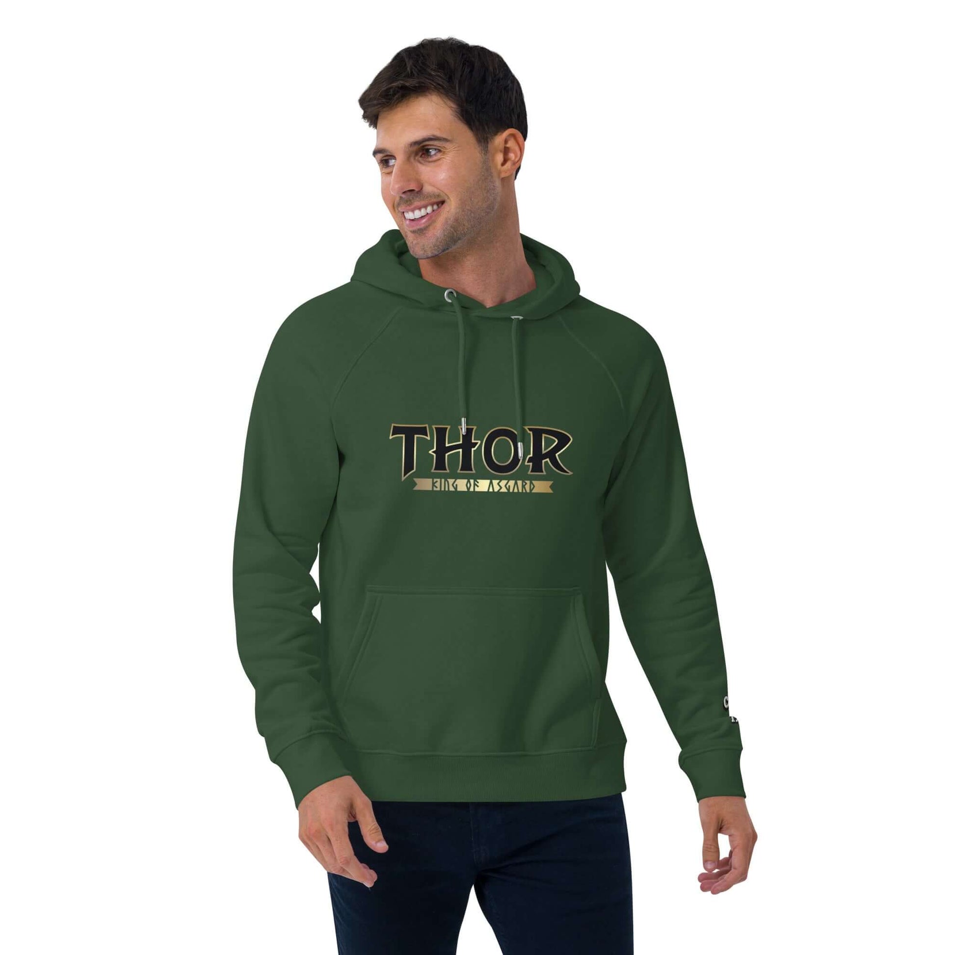 SUDADERA THOR - Sudadera con capucha unisex en color verde, mostrando diseño de Thor y estilo nórdico.