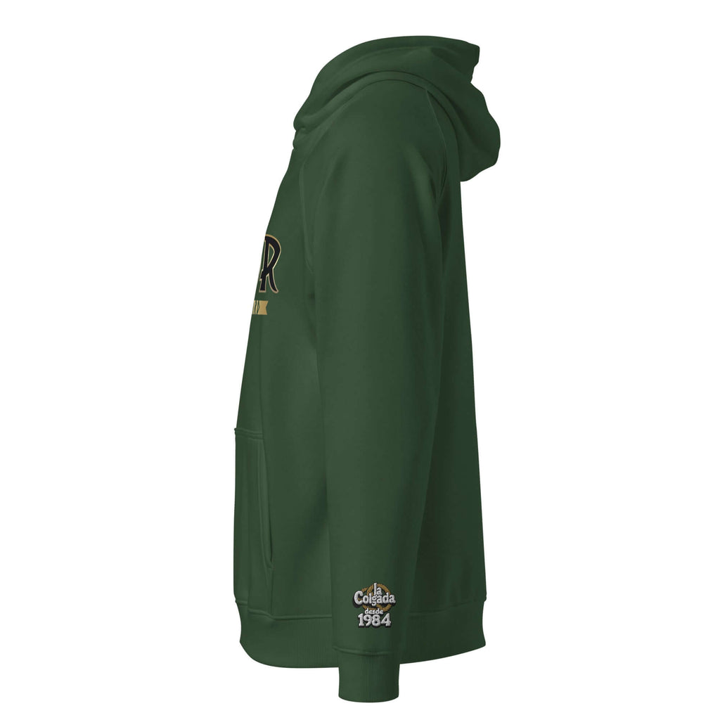 Sudadera con capucha unisex SUDADERA THOR de color verde, vista lateral mostrando su diseño y bolsillo frontal.