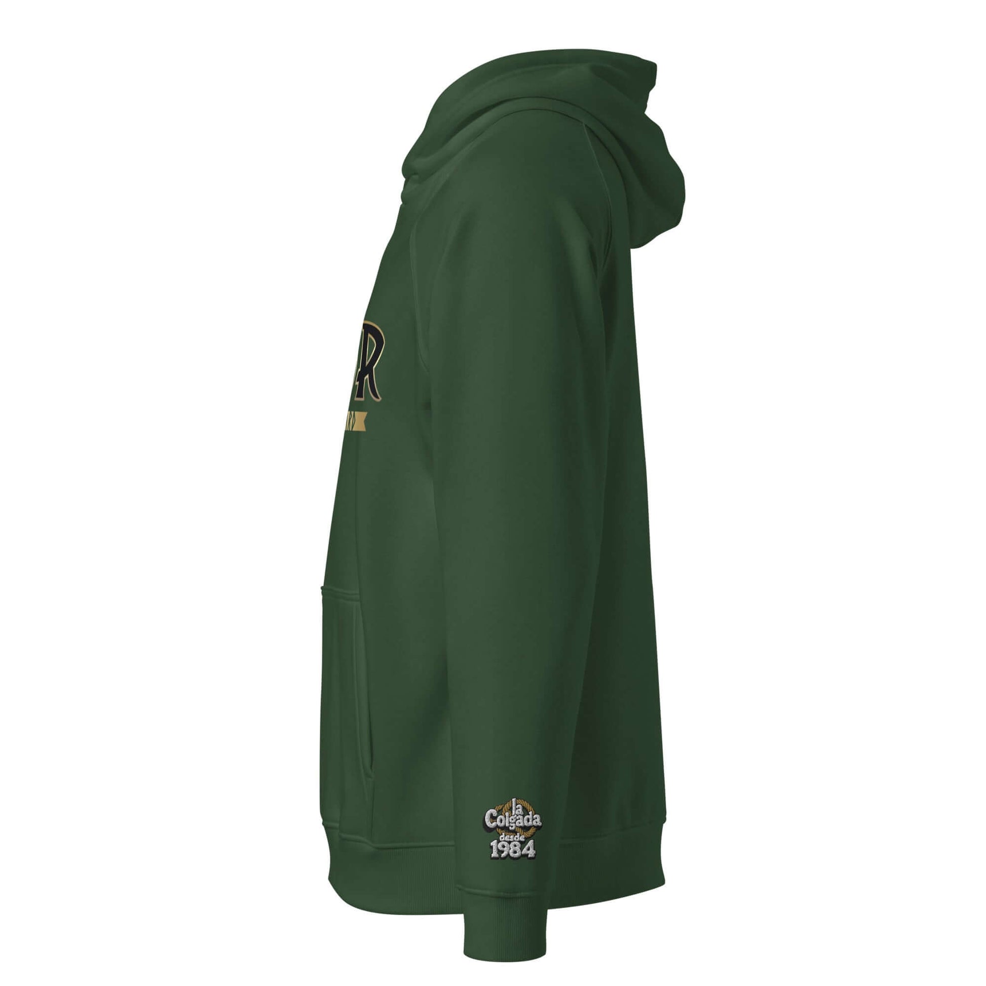 Sudadera con capucha unisex SUDADERA THOR de color verde, vista lateral mostrando su diseño y bolsillo frontal.