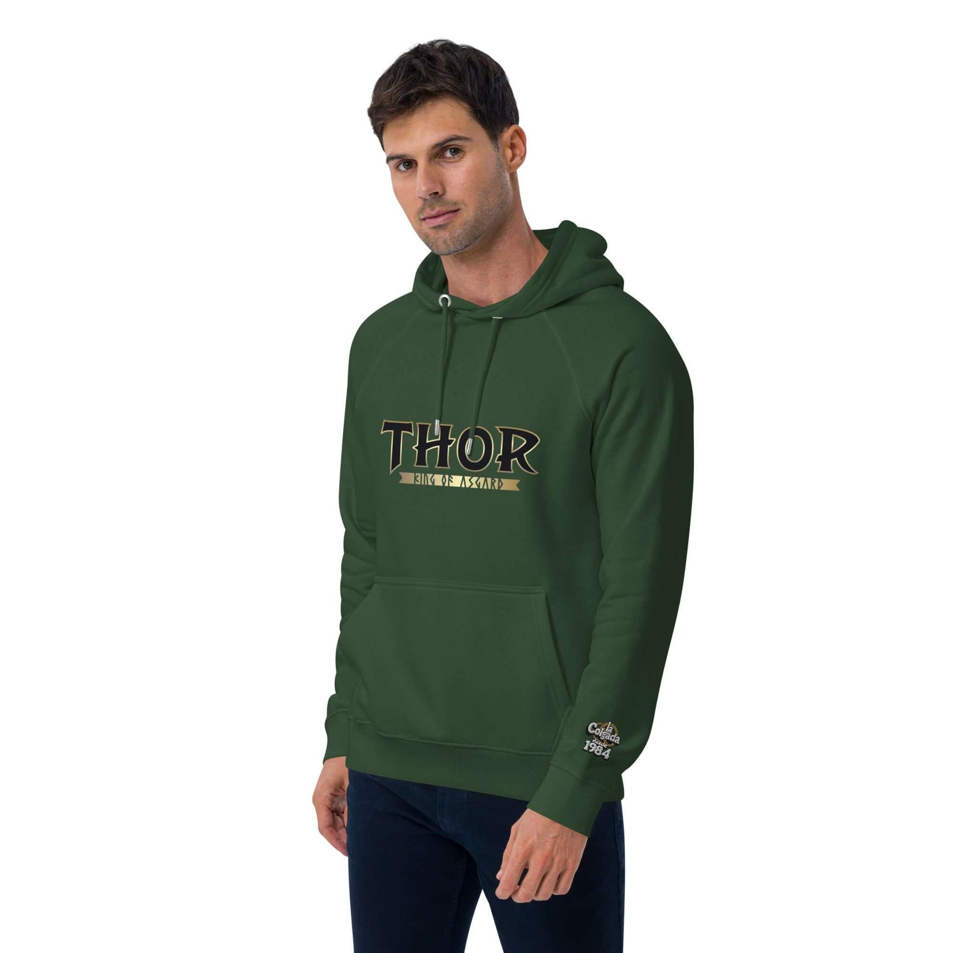 SUDADERA THOR unisex con capucha en color verde, ideal para mostrar poder y estilo nórdico.