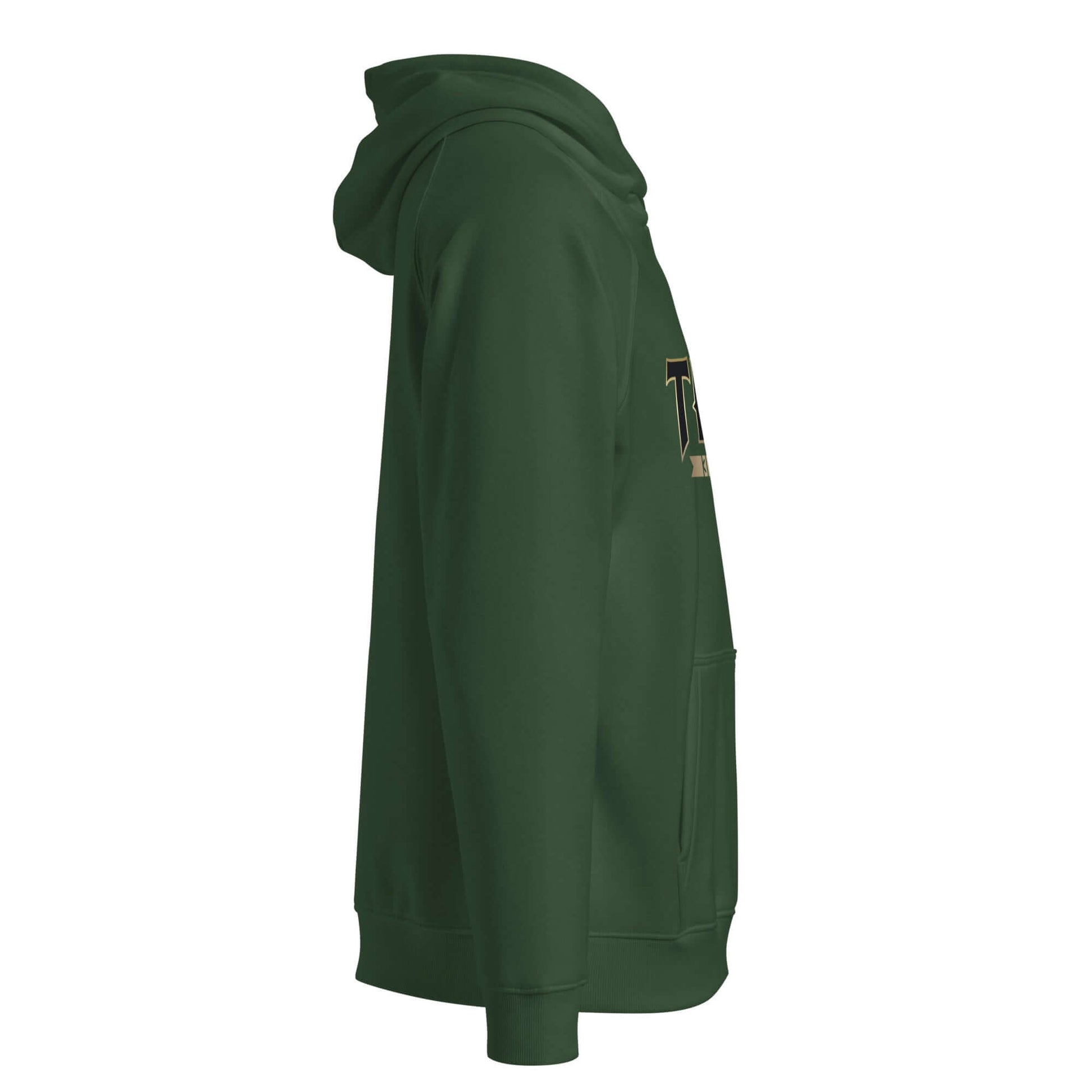 Sudadera THOR unisex con capucha en color verde, vista lateral, ideal para estilo y comodidad.